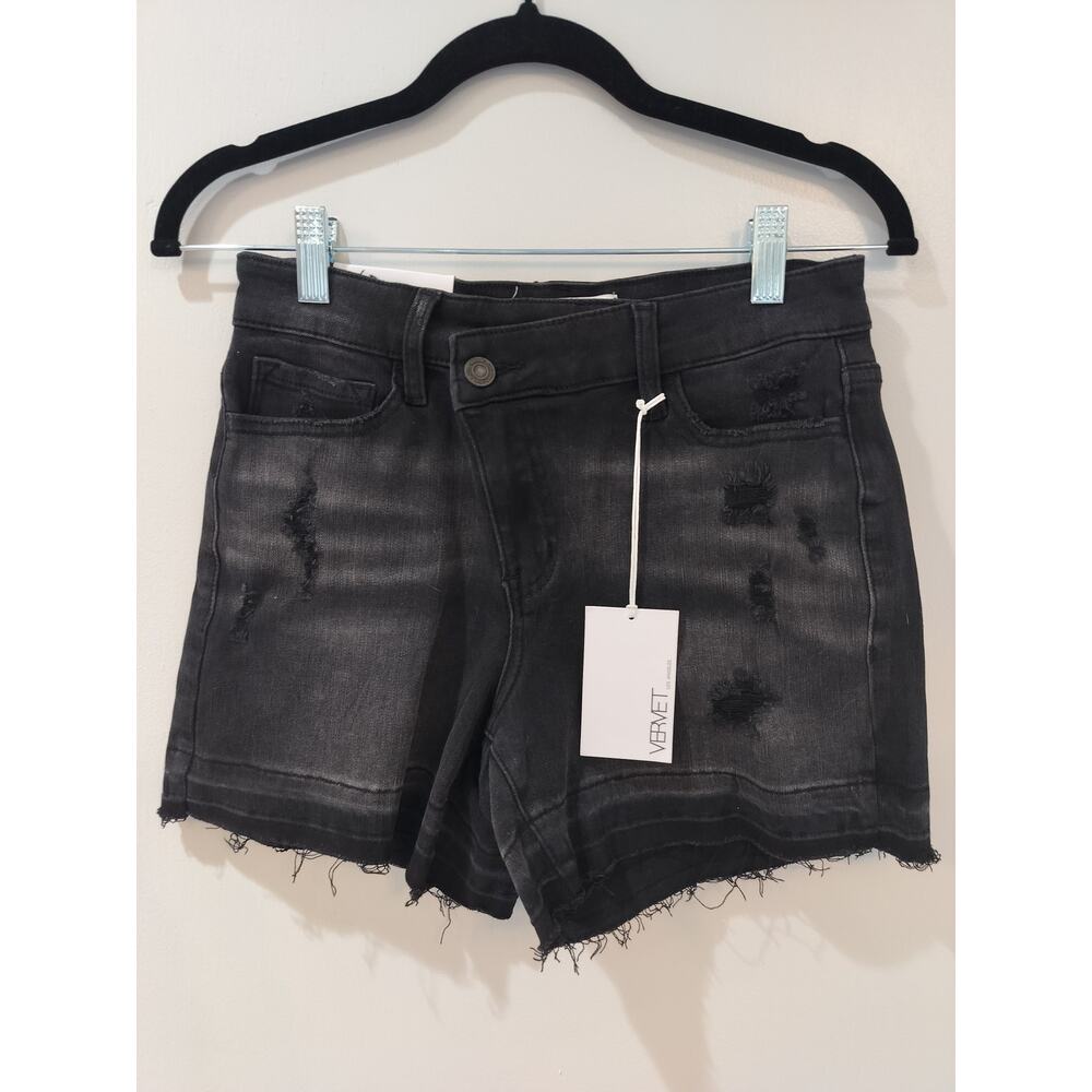 Vervet Black High Rise Distressed Criss Cross Shorts - V2911 - Size Small